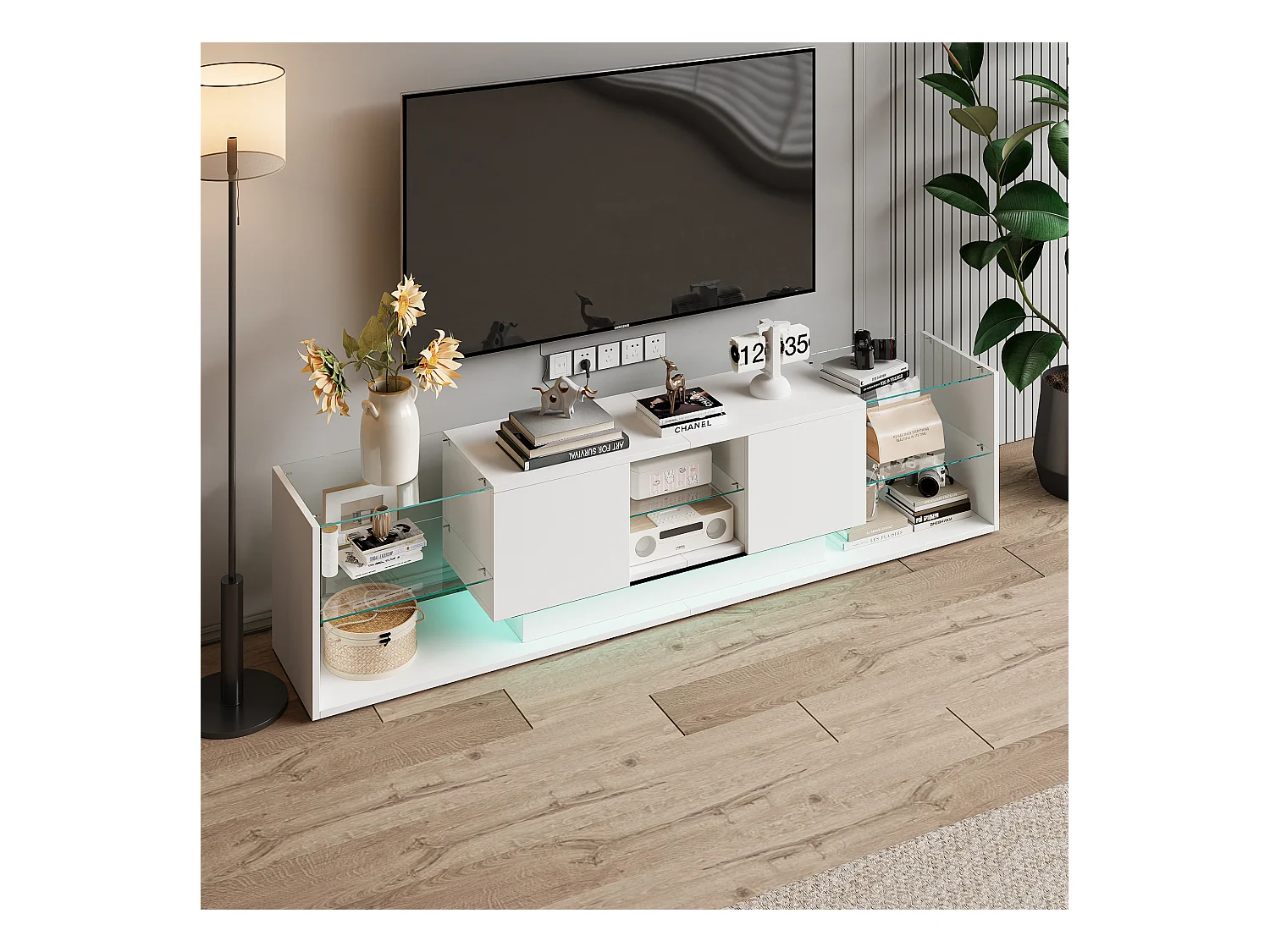 Weißer 200 cm LED-TV-Hängeschrank mit modernem Design, gehärtetem Glas und RGB-Beleuchtung