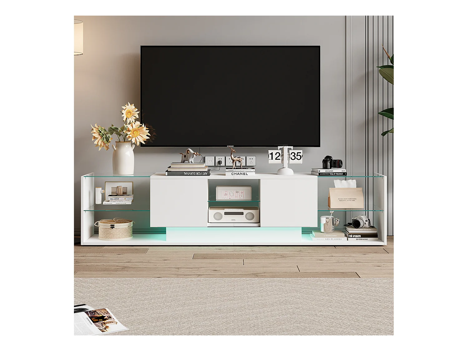 Meuble TV LED suspendu blanc de 200 cm au design moderne, en verre trempé et éclairage RVB