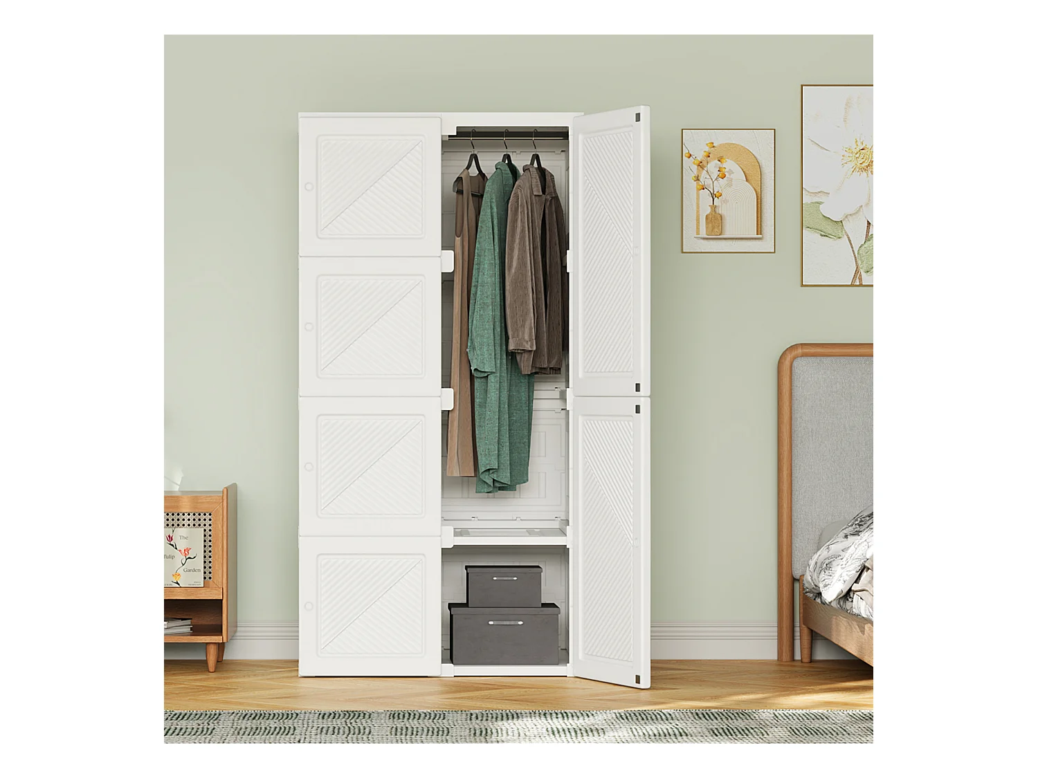 PP Faltbarer Kleiderschrank mit 6 Türen, 5 Fächern und 1 Kleiderstange – Weiß, 136 x 69 x 50 cm, 470 l Fassungsvermögen