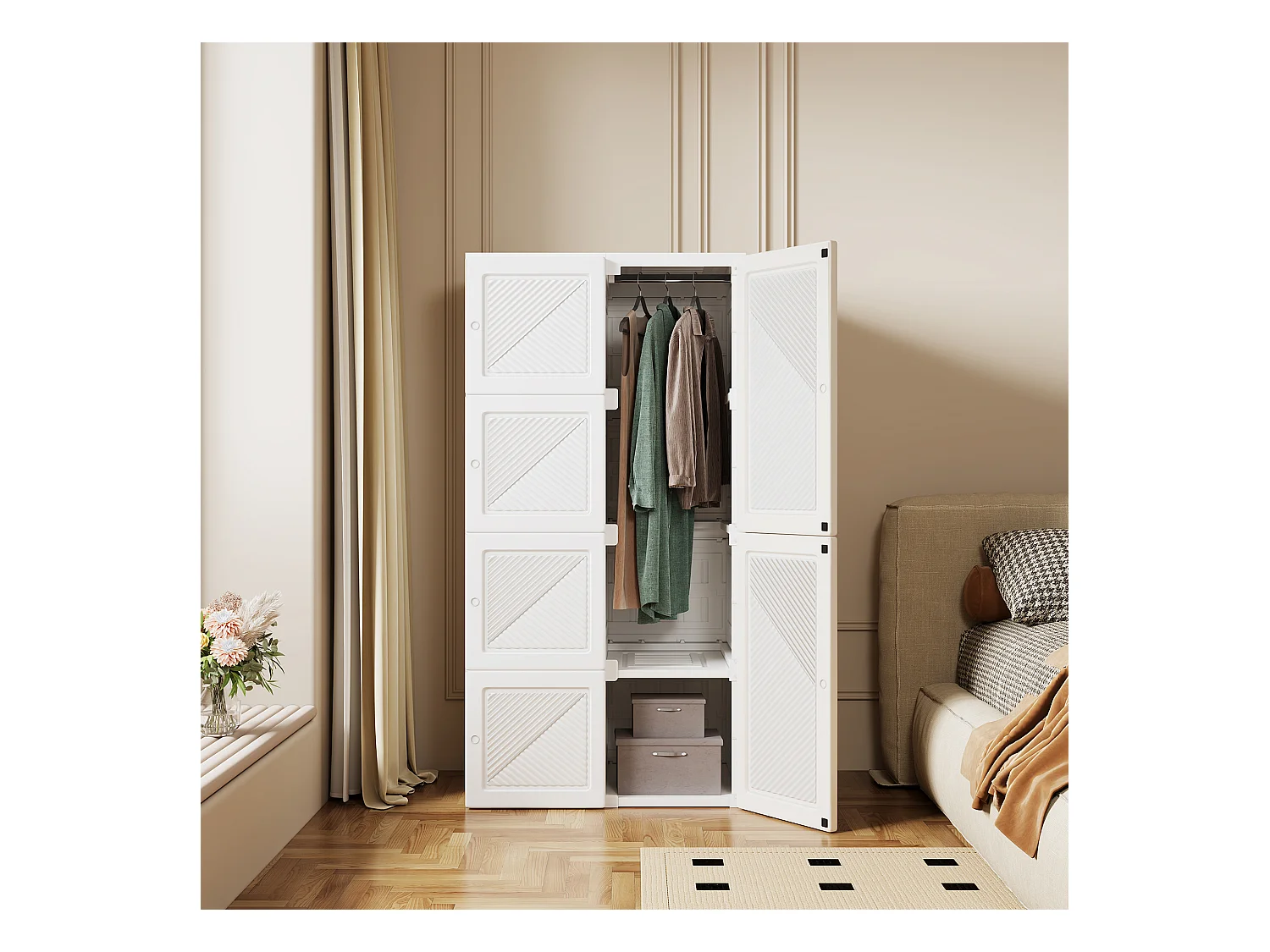 PP Faltbarer Kleiderschrank mit 6 Türen, 5 Fächern und 1 Kleiderstange – Weiß, 136 x 69 x 50 cm, 470 l Fassungsvermögen