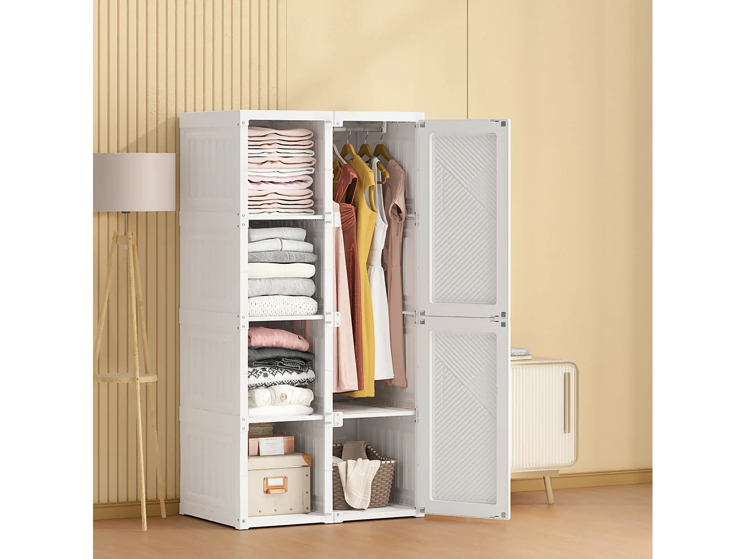 Armoire pliante en PP avec 6 portes, 5 compartiments et 1 tringle à vêtements – Blanche, 136 x 69 x 50 cm, capacité 470 L