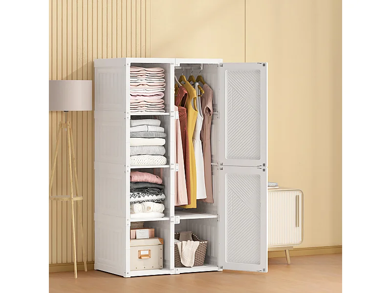 Armario plegable de PP con 6 puertas, 5 compartimentos y 1 barra para ropa – Blanco, 136 x 69 x 50 cm, capacidad de 470 L