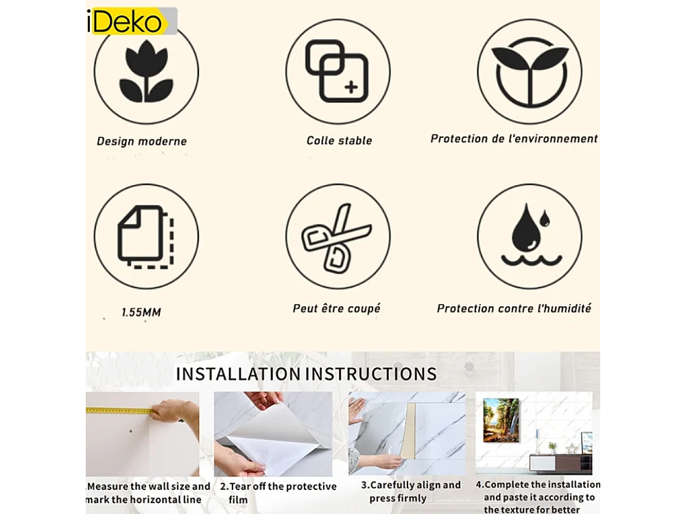 10 x Papier peint autocollant 3D Effet carrelage 30 cm x 60 cm Gris 1,8 m²