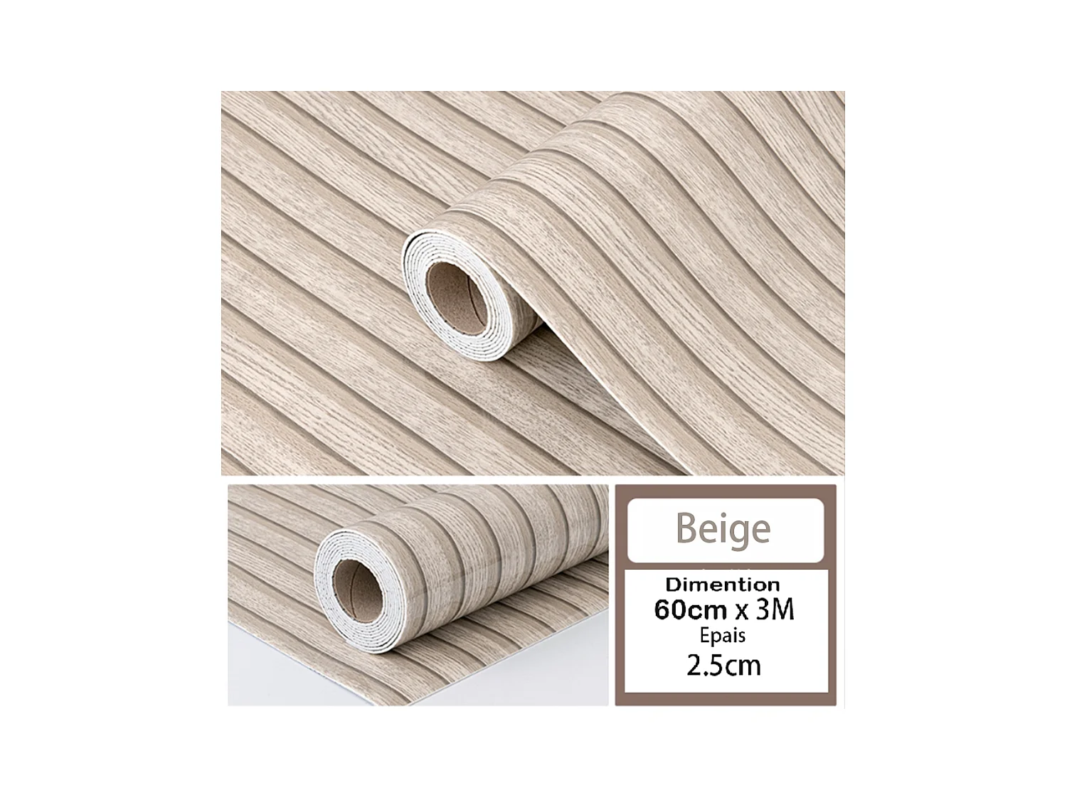 Rouleau de papier peint autocollant 3D PVC 60 cm x 3 m Imitation bois Beige Résistant à l'eau et à l'humidité