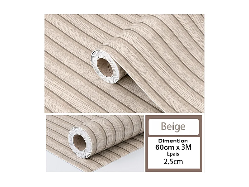 Rouleau de papier peint autocollant 3D PVC 60 cm x 3 m Imitation bois Beige Résistant à l'eau et à l'humidité