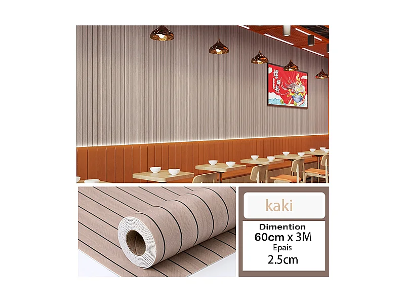 Rouleau de papier peint autocollant 3D PVC 60 cm x 3 m, imitation bois kaki, résistant à l'eau et à l'humidité