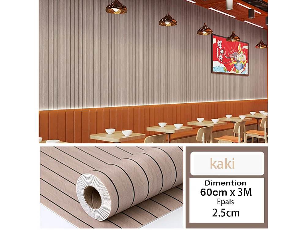 Rouleau de papier peint autocollant 3D PVC 60 cm x 3 m, imitation bois kaki, résistant à l'eau et à l'humidité