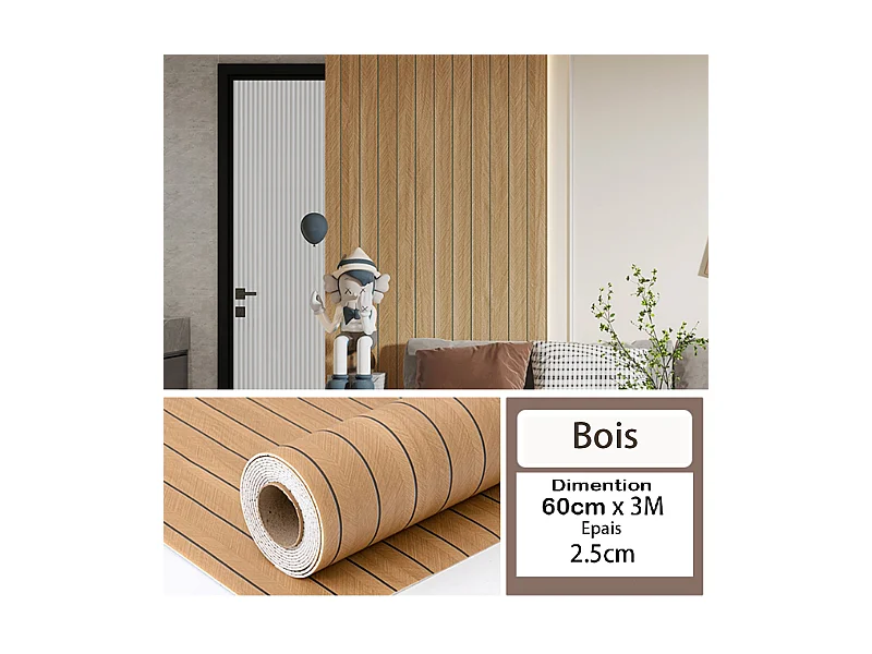 Rouleau de papier peint autocollant 3D PVC 60 cm x 3 m, imitation bois, résistant à l'eau et à l'humidité