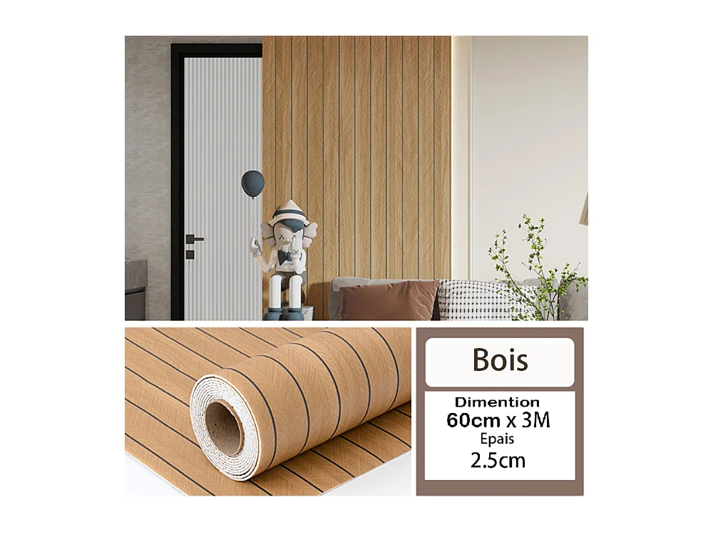 Rouleau de papier peint autocollant 3D PVC 60 cm x 3 m, imitation bois, résistant à l'eau et à l'humidité