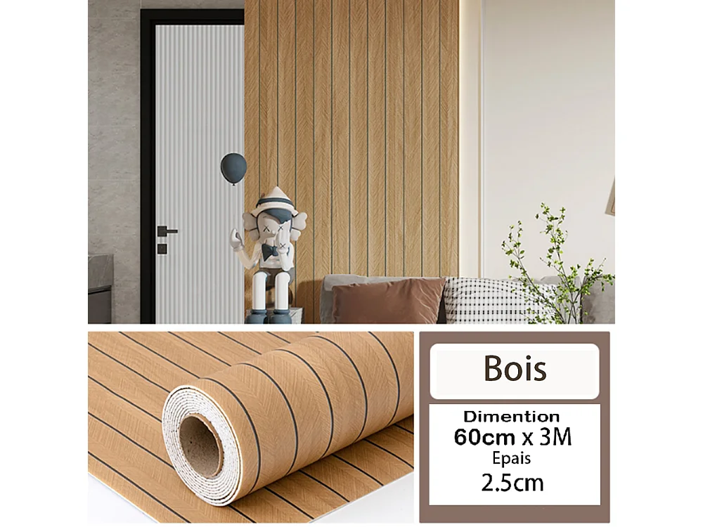 Rouleau de papier peint autocollant 3D PVC 60 cm x 3 m, imitation bois, résistant à l'eau et à l'humidité