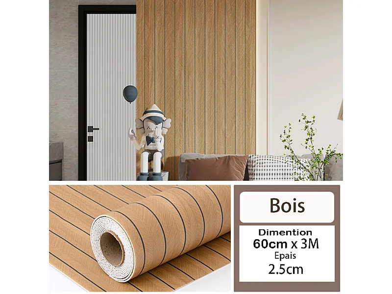 Rouleau de papier peint autocollant 3D PVC 60 cm x 3 m, imitation bois, résistant à l'eau et à l'humidité