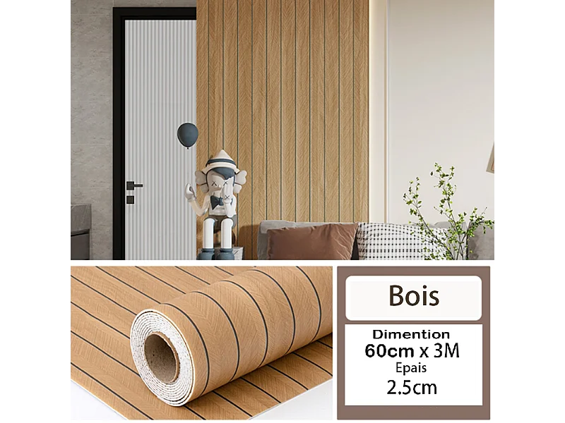 Rouleau de papier peint autocollant 3D PVC 60 cm x 3 m, imitation bois, résistant à l'eau et à l'humidité