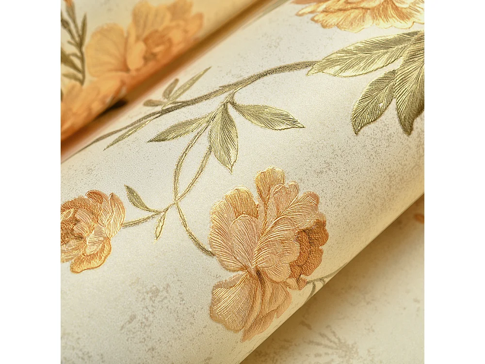 Papier peint texturé 3D, collection Palace Garden, rétro vintage, 10 x 0,53 m, pour le salon, avec des fleurs orange chaleureuses