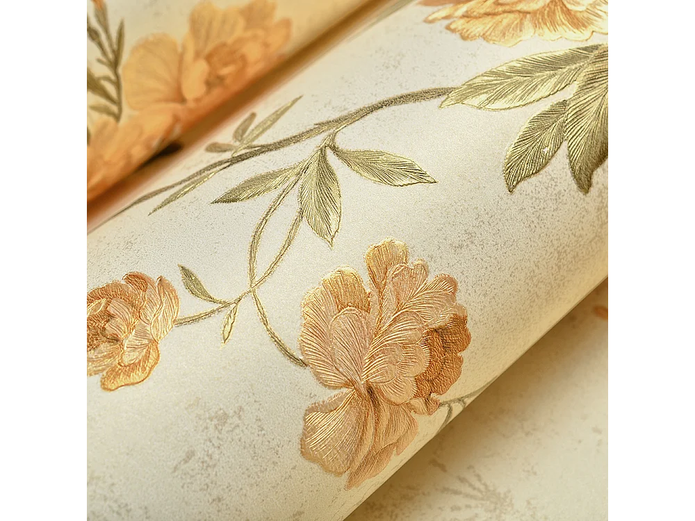 Papier peint texturé 3D, collection Palace Garden, rétro vintage, 10 x 0,53 m, pour le salon, avec des fleurs orange chaleureuses