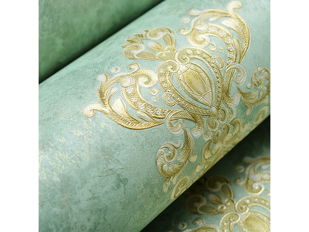 Papier peint texturé 3D, Série Palace, Rétro Vintage, 10 x 0,53 m, Salon, Papier peint floral vert