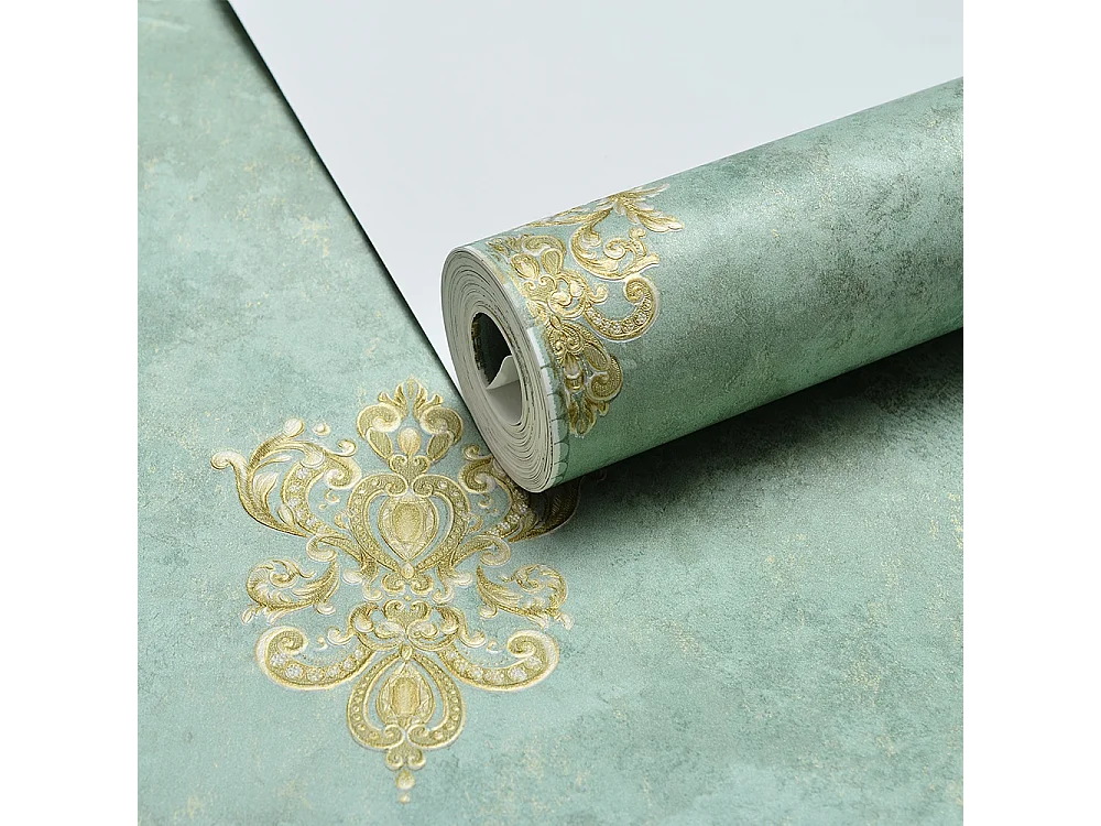 Papier peint texturé 3D, Série Palace, Rétro Vintage, 10 x 0,53 m, Salon, Papier peint floral vert