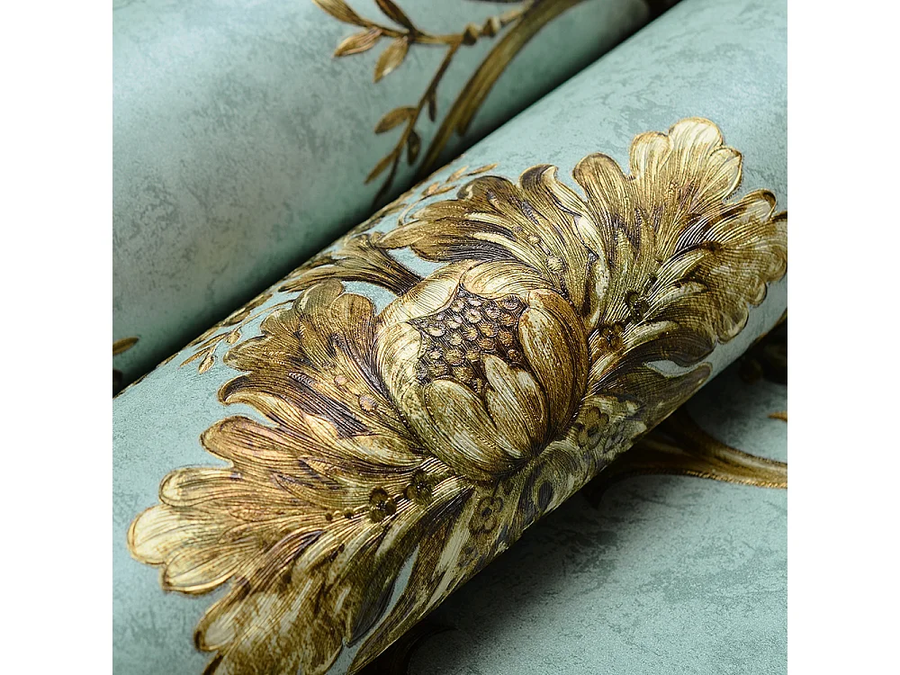 Papier peint texturé 3D Palace Garden, série Vintage Retro, 10 x 0,53 m, pour salon, avec fleurs vertes dorées