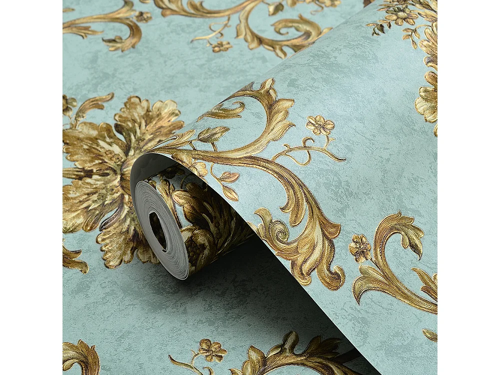 Papier peint texturé 3D Palace Garden, série Vintage Retro, 10 x 0,53 m, pour salon, avec fleurs vertes dorées