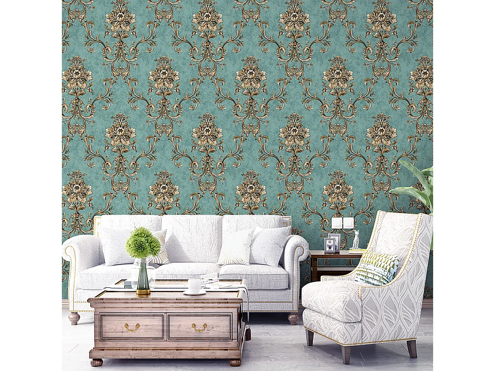 Papier peint texturé 3D Palace Garden, série Vintage Retro, 10 x 0,53 m, pour salon, avec fleurs vertes dorées