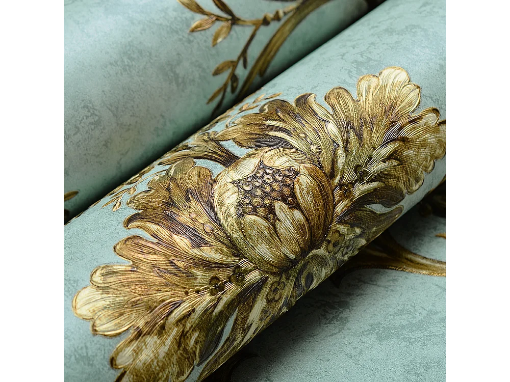 Papier peint texturé 3D Palace Garden, série Vintage Retro, 10 x 0,53 m, pour salon, avec fleurs vertes dorées