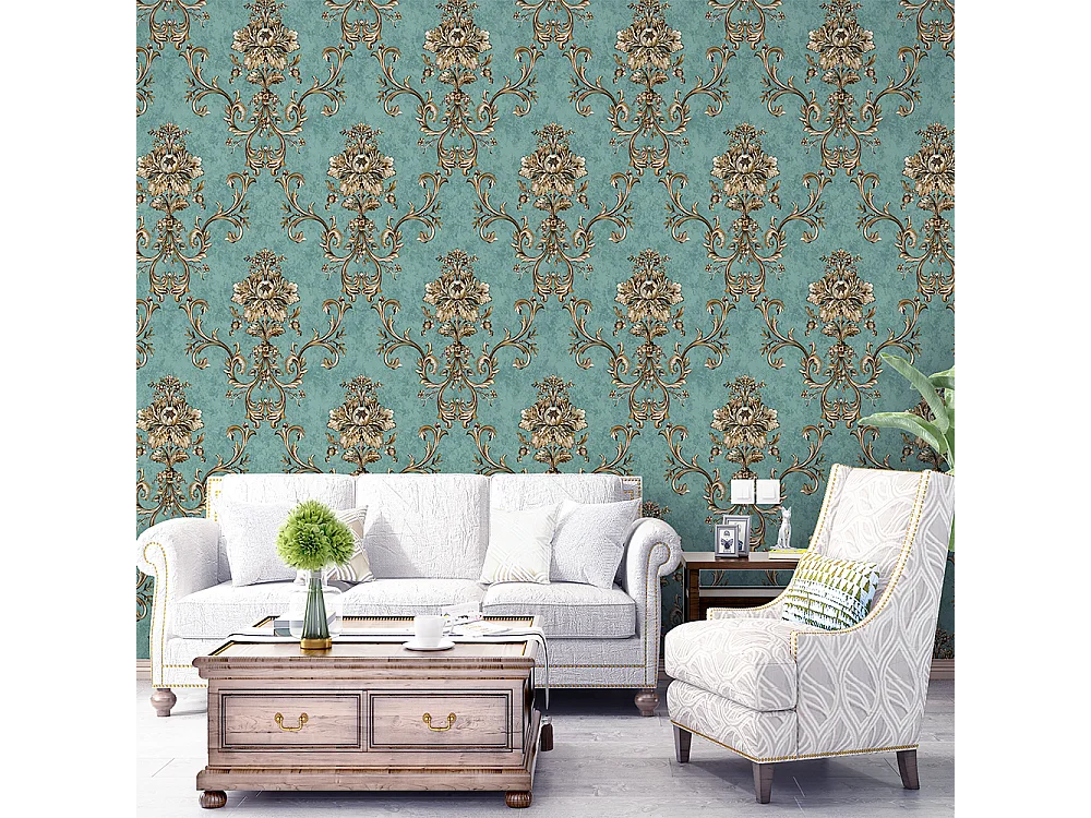 Papier peint texturé 3D Palace Garden, série Vintage Retro, 10 x 0,53 m, pour salon, avec fleurs vertes dorées