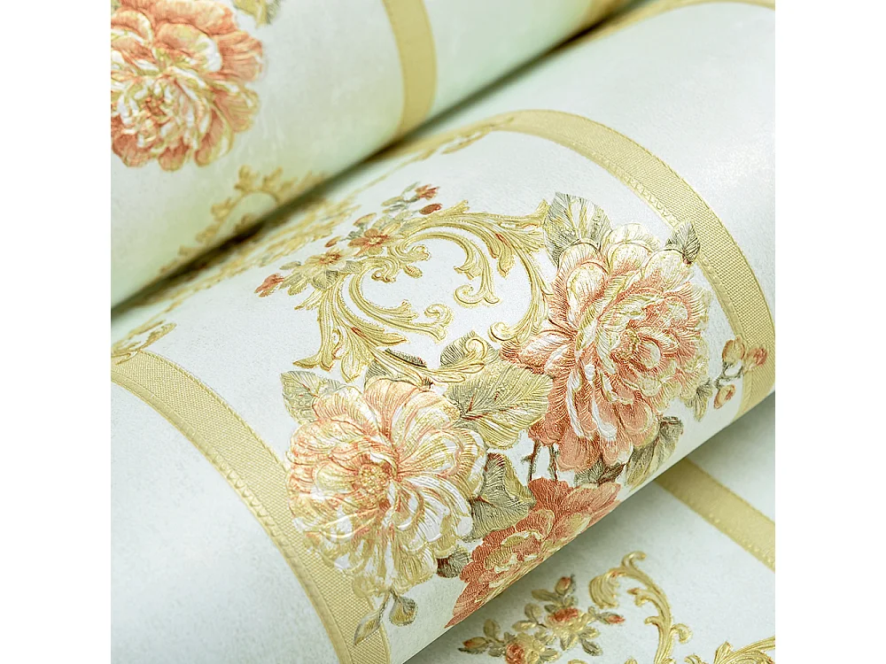 Papier peint texturé 3D, série Retro Vintage Garden, papier peint vert à fleurs pour le salon, 10 x 0,53 m