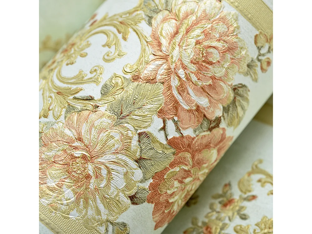 Papier peint texturé 3D, série Retro Vintage Garden, papier peint vert à fleurs pour le salon, 10 x 0,53 m