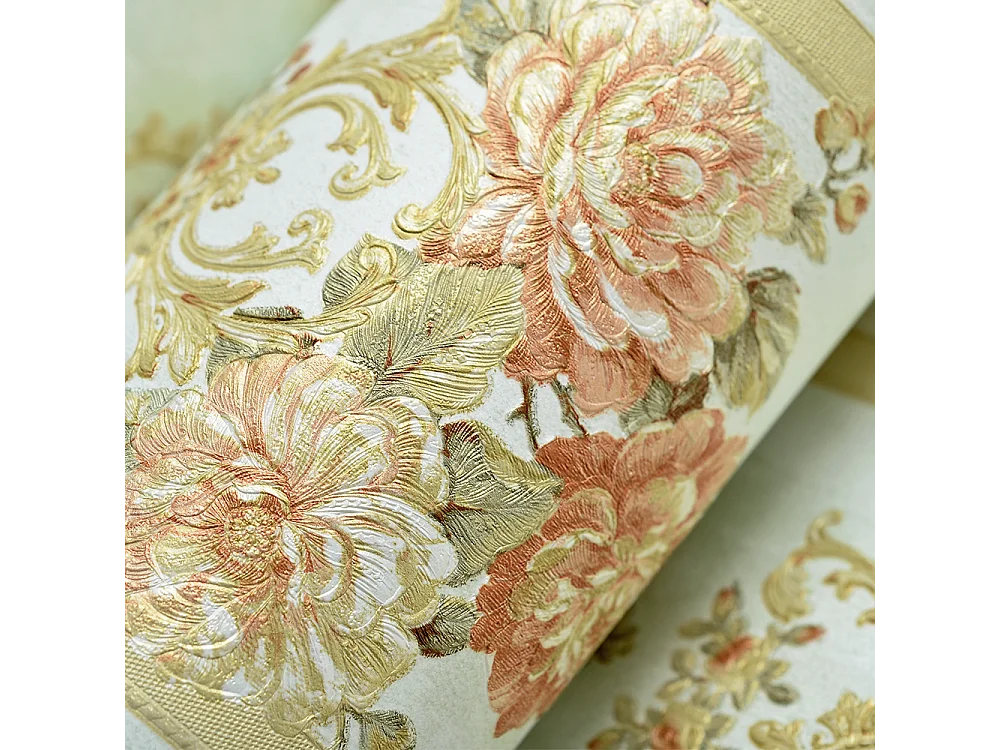 Papier peint texturé 3D, série Retro Vintage Garden, papier peint vert à fleurs pour le salon, 10 x 0,53 m