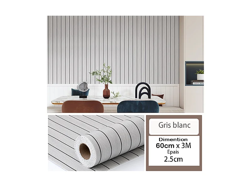 Rouleau de papier peint autocollant 3D PVC 60 cm x 3 m Imitation bois Gris Blanc Résistant à l'eau et à l'humidité