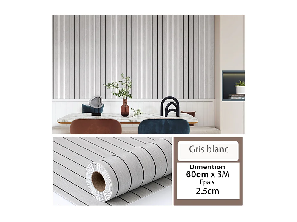 Rouleau de papier peint autocollant 3D PVC 60 cm x 3 m Imitation bois Gris Blanc Résistant à l'eau et à l'humidité