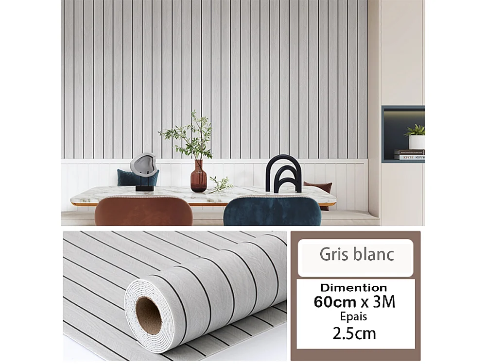Rouleau de papier peint autocollant 3D PVC 60 cm x 3 m Imitation bois Gris Blanc Résistant à l'eau et à l'humidité
