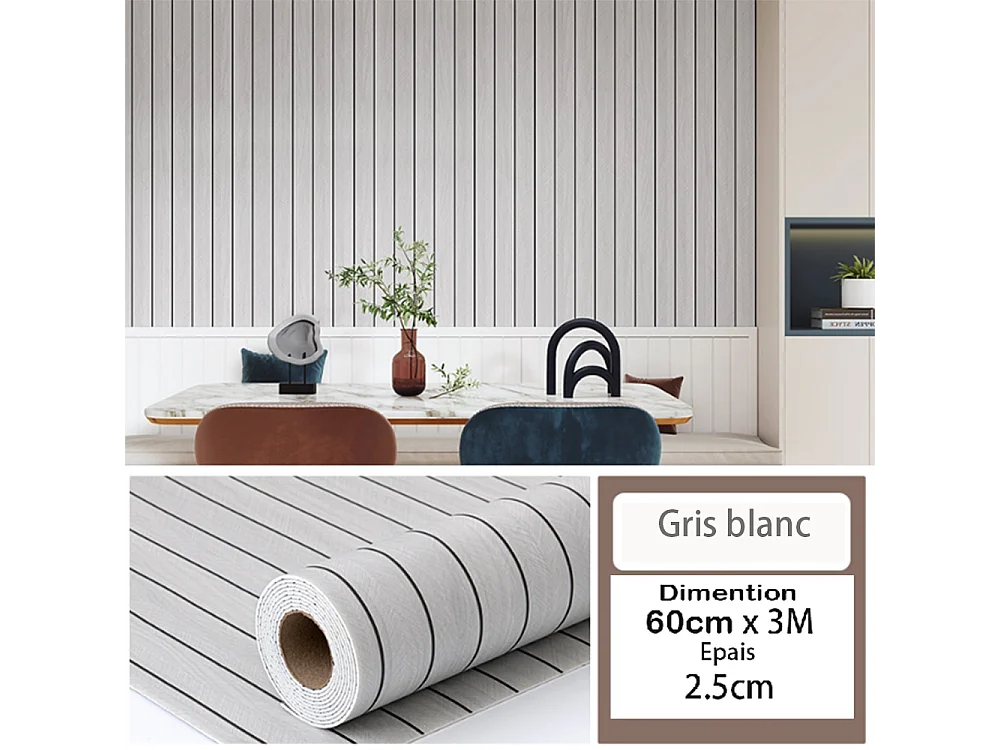 Rouleau de papier peint autocollant 3D PVC 60 cm x 3 m Imitation bois Gris Blanc Résistant à l'eau et à l'humidité