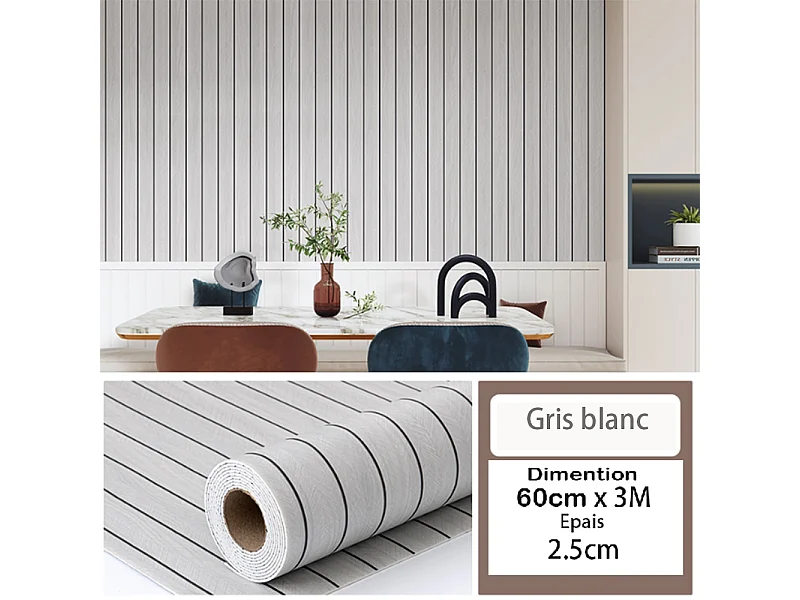 Rouleau de papier peint autocollant 3D PVC 60 cm x 3 m Imitation bois Gris Blanc Résistant à l'eau et à l'humidité