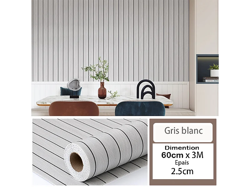 Rouleau de papier peint autocollant 3D PVC 60 cm x 3 m Imitation bois Gris Blanc Résistant à l'eau et à l'humidité