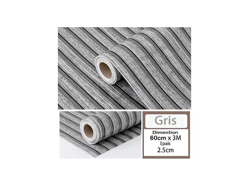 Papier peint 3D autocollant PVC 60 cm x 3 m, imitation bois gris, résistant à l'eau et à l'humidité