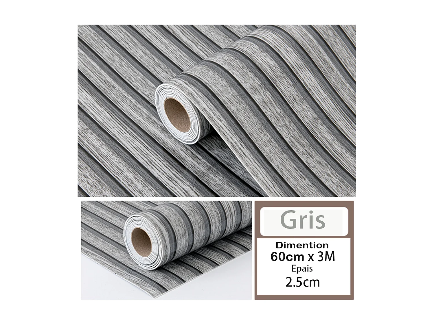 Papier peint 3D autocollant PVC 60 cm x 3 m, imitation bois gris, résistant à l'eau et à l'humidité