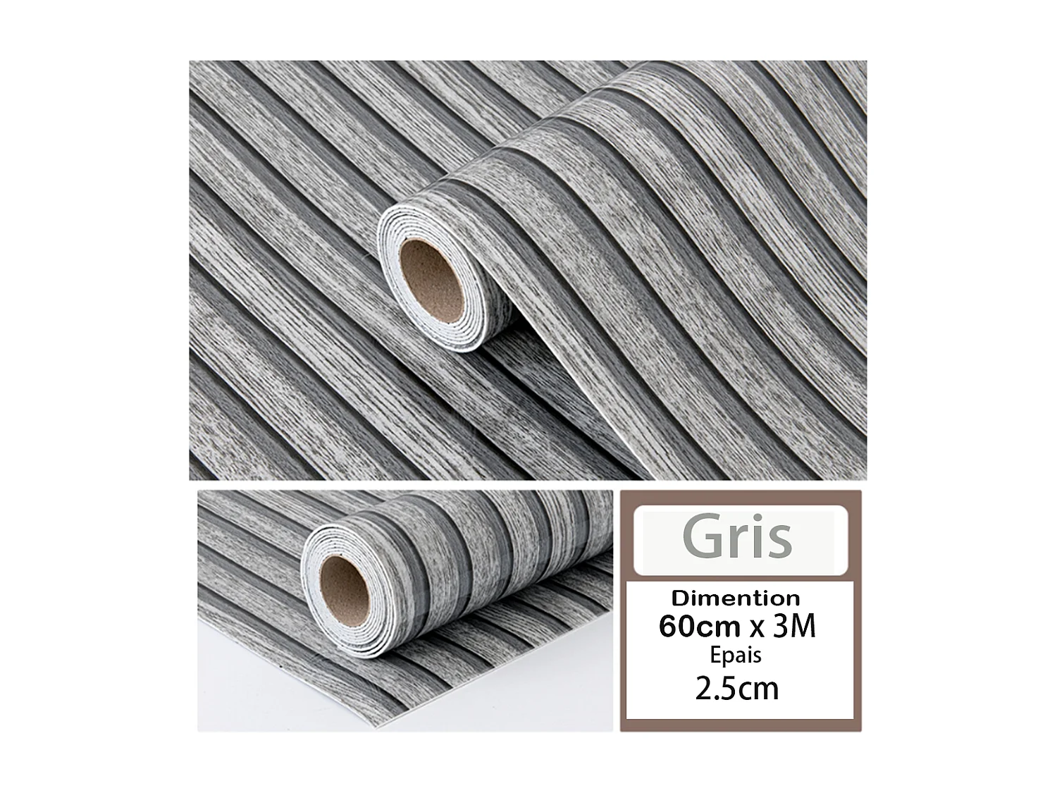 Papier peint 3D autocollant PVC 60 cm x 3 m, imitation bois gris, résistant à l'eau et à l'humidité