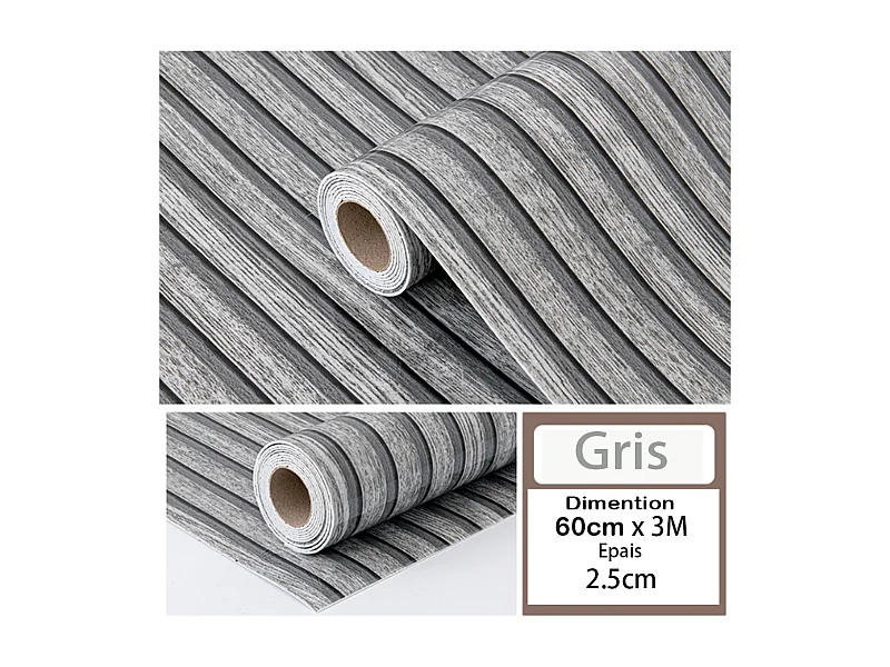 Papier peint 3D autocollant PVC 60 cm x 3 m, imitation bois gris, résistant à l'eau et à l'humidité