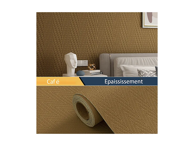 Papier peint 3D autocollant épais effet tissu couleur café, 60 cm x 2,8 m, style jardin, 1,68 m²