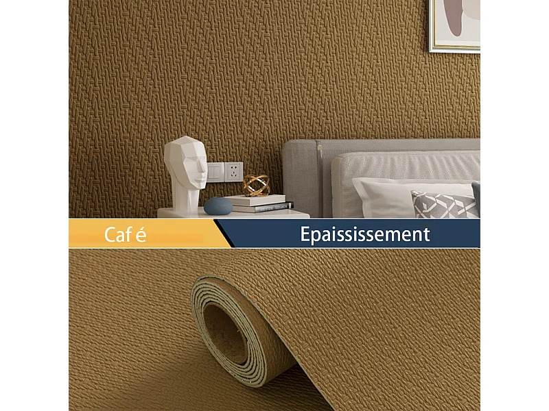 Papier peint 3D autocollant épais effet tissu couleur café, 60 cm x 2,8 m, style jardin, 1,68 m²