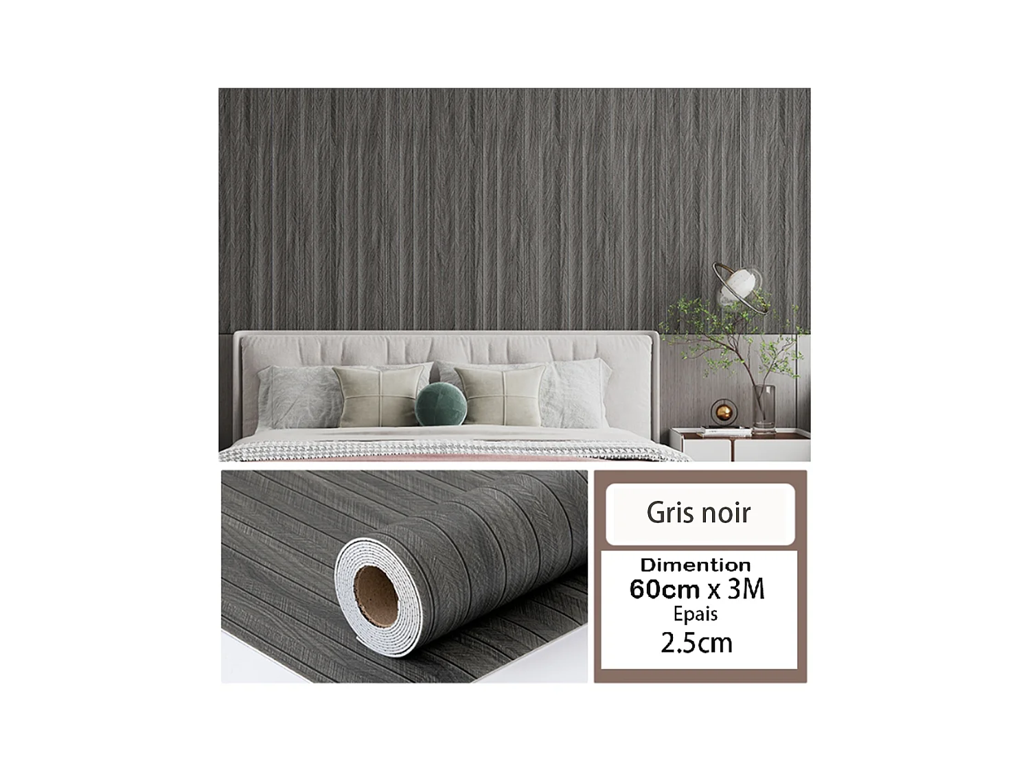 Rouleau de papier peint autocollant 3D PVC 60 cm x 3 m, imitation bois, gris, noir, imperméable et résistant à l'humidité