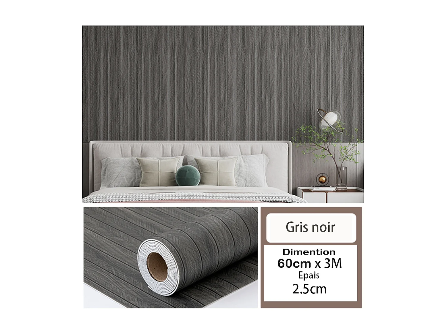Rouleau de papier peint autocollant 3D PVC 60 cm x 3 m, imitation bois, gris, noir, imperméable et résistant à l'humidité
