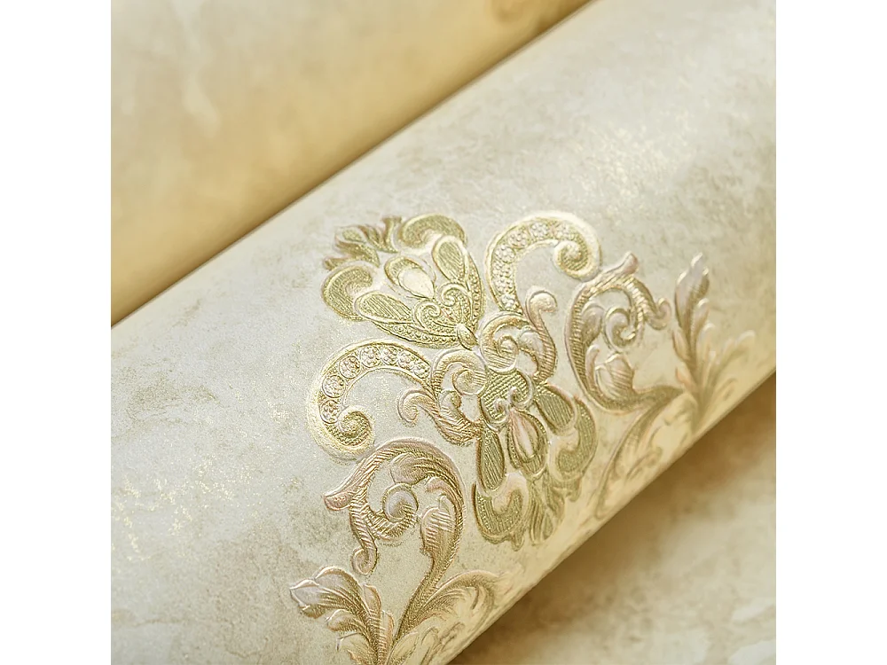 Papier peint texturé 3D Palace Garden, série Retro Vintage, 10 x 0,53 m, papier peint beige à fleurs pour le salon, Sunshine