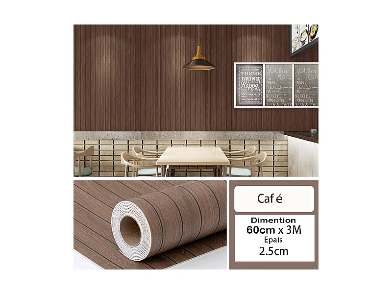 Rouleau de papier peint autocollant 3D PVC 60 cm x 3 m Imitation bois Marron Résistant à l'eau et à l'humidité