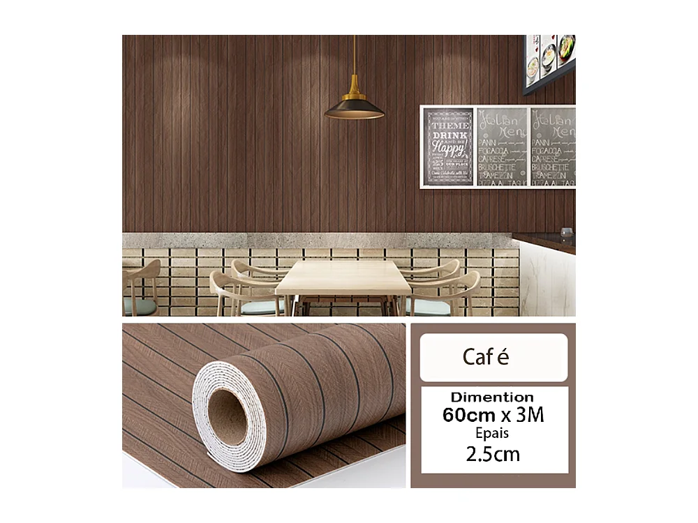 Rouleau de papier peint autocollant 3D PVC 60 cm x 3 m Imitation bois Marron Résistant à l'eau et à l'humidité