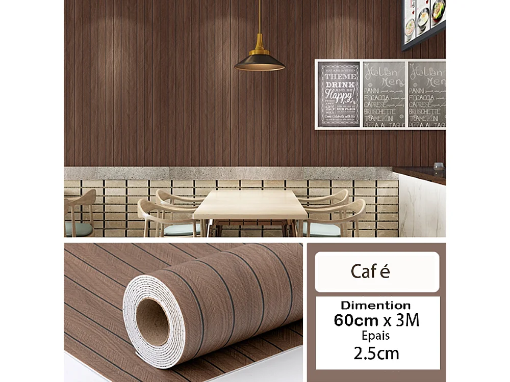 Rouleau de papier peint autocollant 3D PVC 60 cm x 3 m Imitation bois Marron Résistant à l'eau et à l'humidité