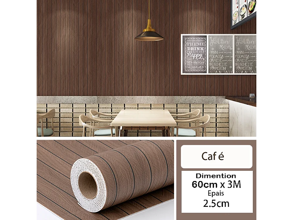 Rouleau de papier peint autocollant 3D PVC 60 cm x 3 m Imitation bois Marron Résistant à l'eau et à l'humidité