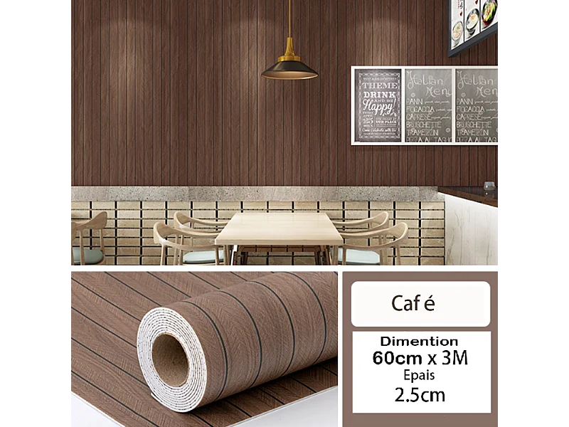 Rouleau de papier peint autocollant 3D PVC 60 cm x 3 m Imitation bois Marron Résistant à l'eau et à l'humidité