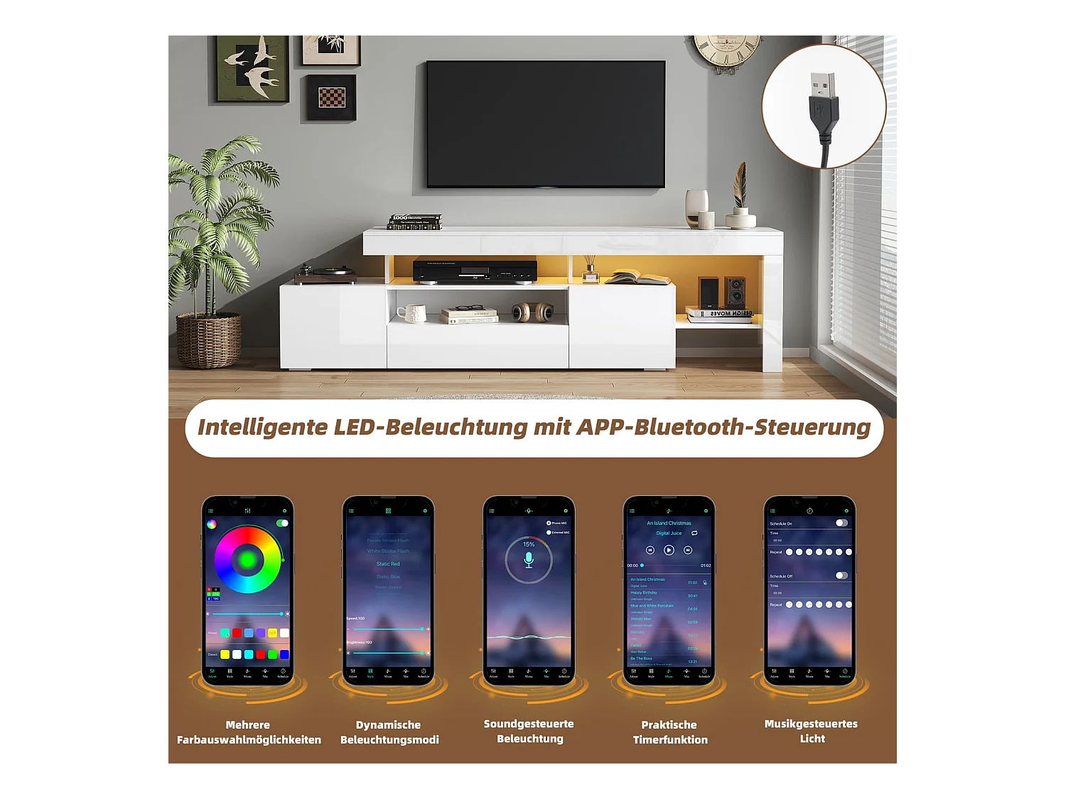 192*37*53cm TV schrank mit 3 schränke ,TV stand und Fernsehschrank Mit LED,Hochglanz Lowboard und Fernsehtisch,TV-Board und TV-Kommode