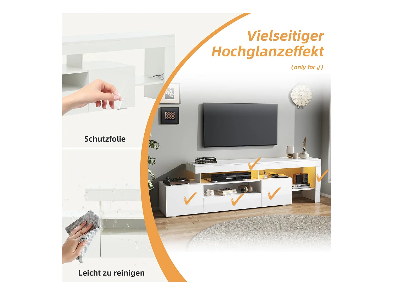 192*37*53cm TV schrank mit 3 schränke ,TV stand und Fernsehschrank Mit LED,Hochglanz Lowboard und Fernsehtisch,TV-Board und TV-Kommode